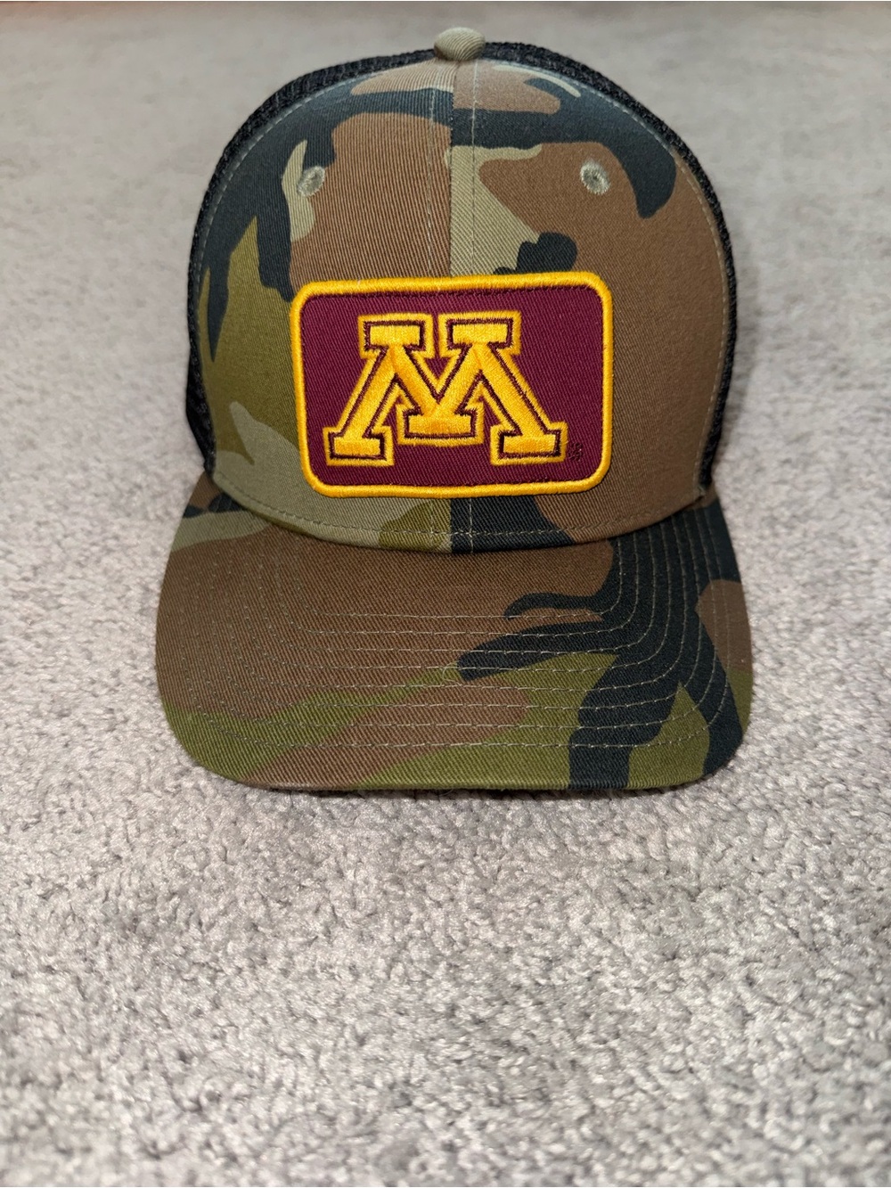 Nike Camo Trucker Hat with Maroon and Gold Minnesota M Patch